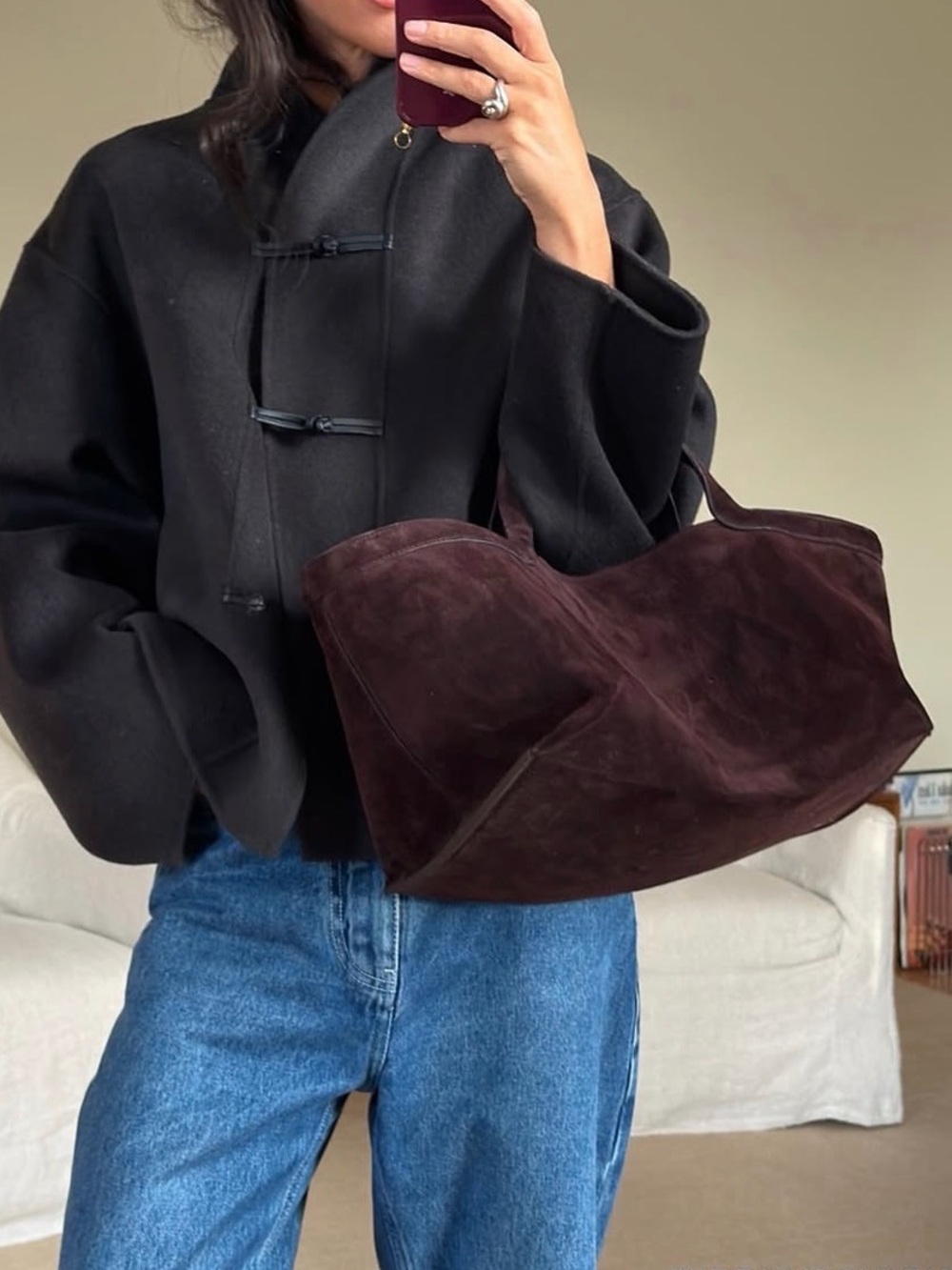Zara Elongated Horizontal Suede Leather Tote Bag Dark Brown
